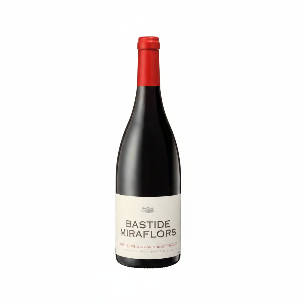 Domaine Lafage Bastide Miraflors Vielles Vignes De Grenache wine bottle with label and glass on a wooden surface.