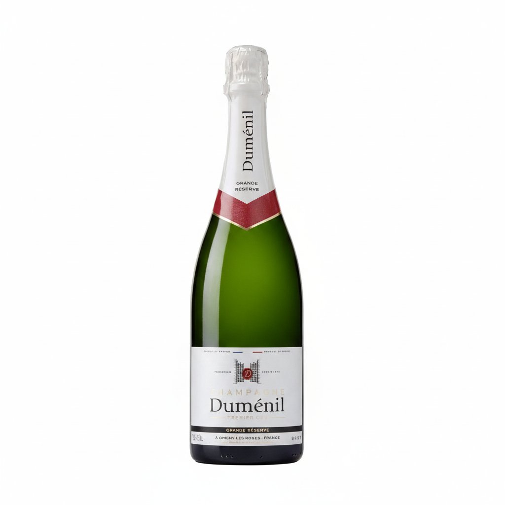 A bottle of Champagne Dumenil Grand Reserve with a gold foil top and elegant label, set against a neutral background.