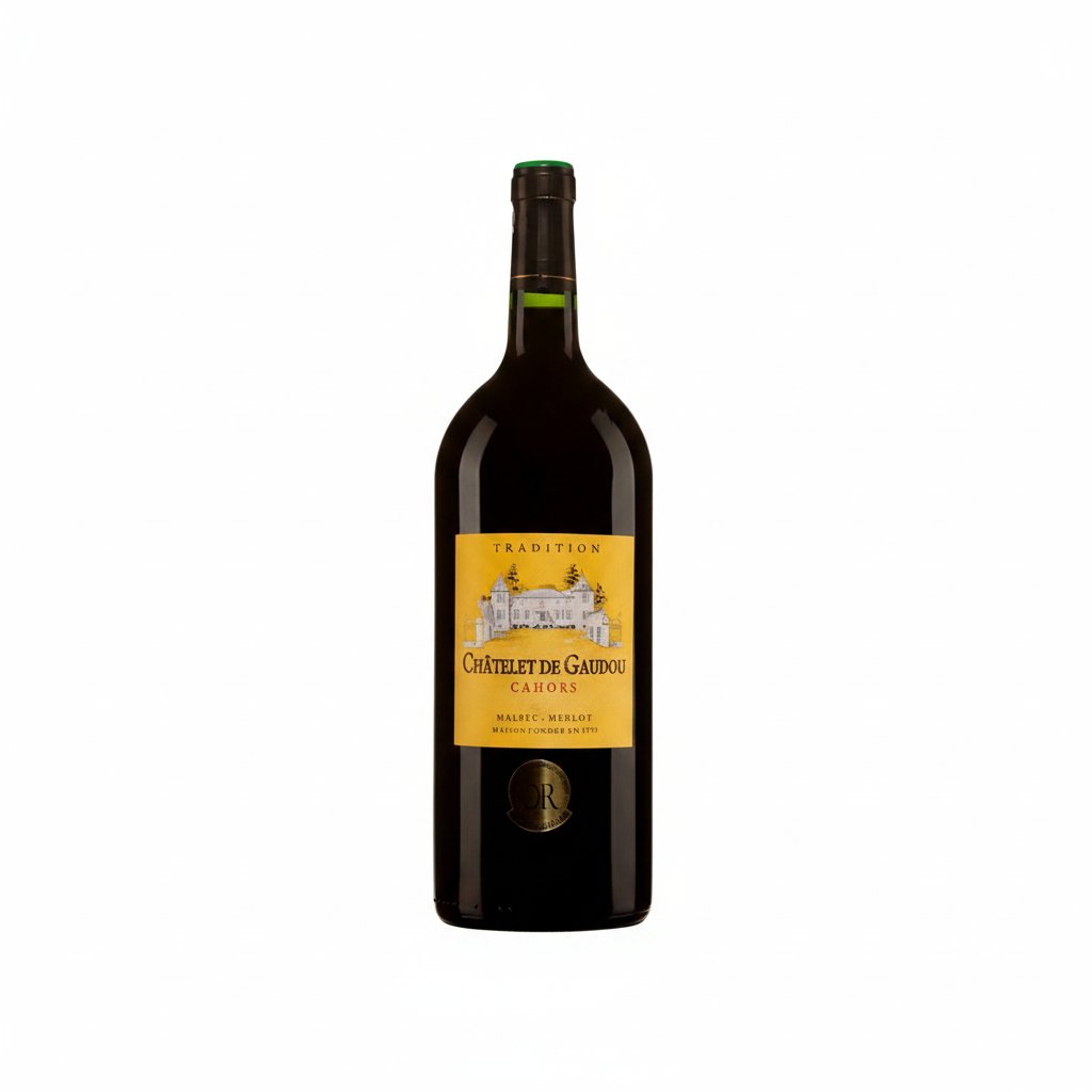 Bottle of Cahors Chateau De Gaudou Tradition red wine with a dark glass bottle and label featuring gold and red accents.