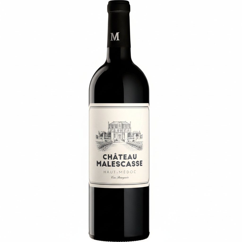 Chateau Malescasse Haut-Medoc 2016 wine bottle with label, dark glass and foil capsule on a neutral background.