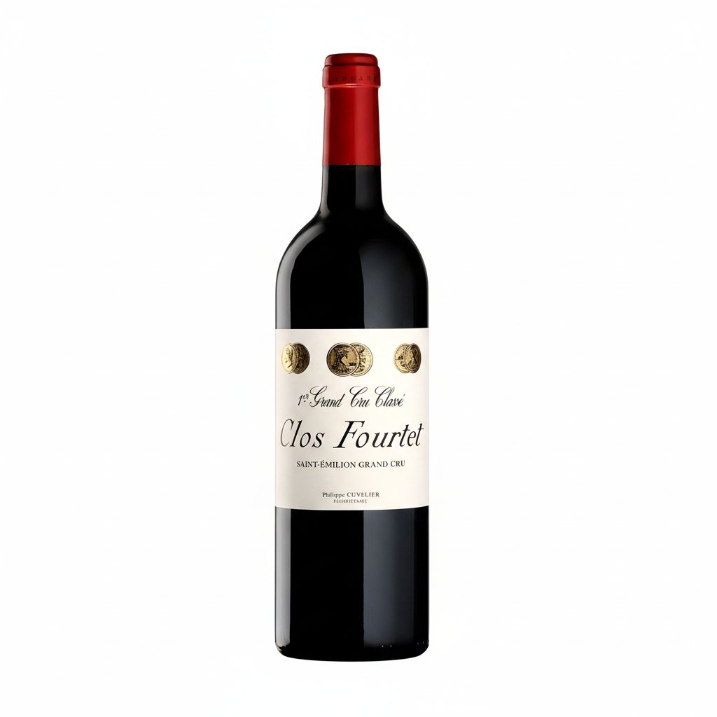 Bottle of Chateau Clos Fourtet red wine with a label featuring the Chateau logo and elegant design, showcased on a neutral background.