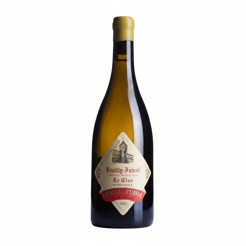 Chateau Fuisse Pouilly-Fuisse Le Clos Monopole wine bottle with label visible, elegant glass bottle on a neutral background.