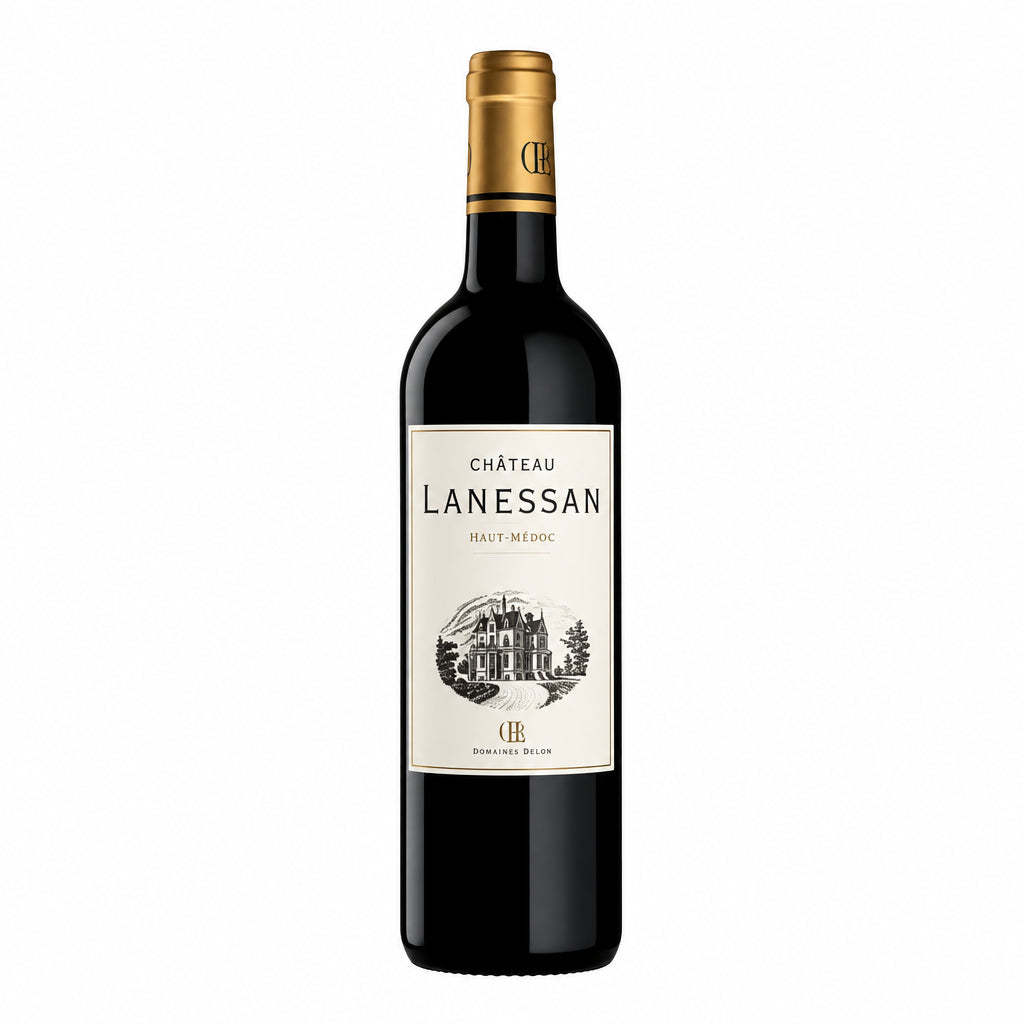 Bottle of Chateau Lanessan Haut Medoc red wine with label visible, placed on a wooden table against a blurred background.