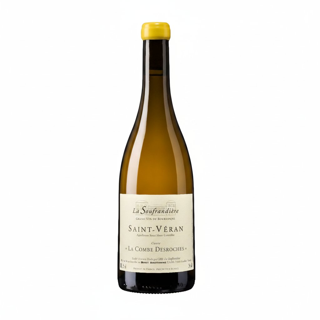 Domaine Domaine De La Soufrandiere Pouilly Vinzelles La Combe Desroches white wine bottle on a wooden surface.