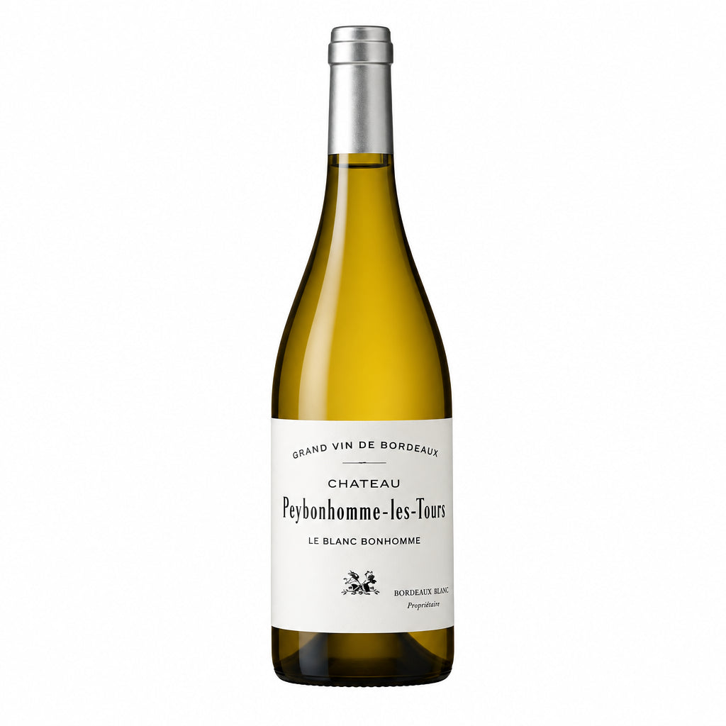Chateau Peybonhomme-Les-Tours Blanc Bonhomme white wine bottle with label and cork on a neutral background.