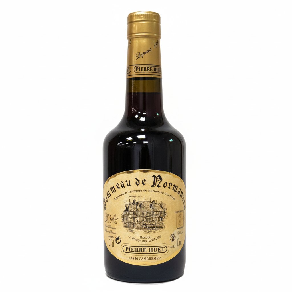 Pierre Huet Pommeau de Normandie in a glass bottle, showcasing its amber color and traditional presentation.