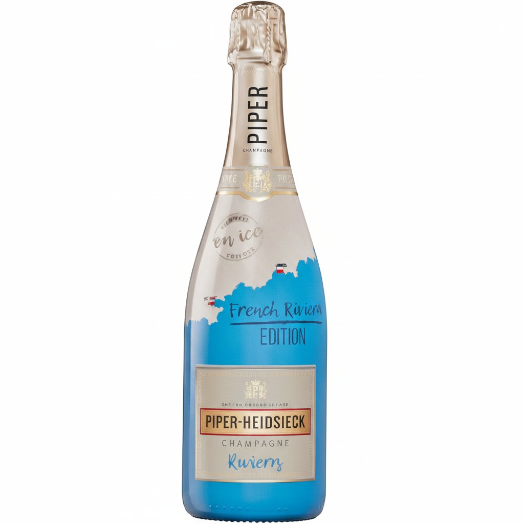 Piper Heidsieck French Riviera Edition champagne bottle with elegant label and gold accents, showcasing luxury and celebration.