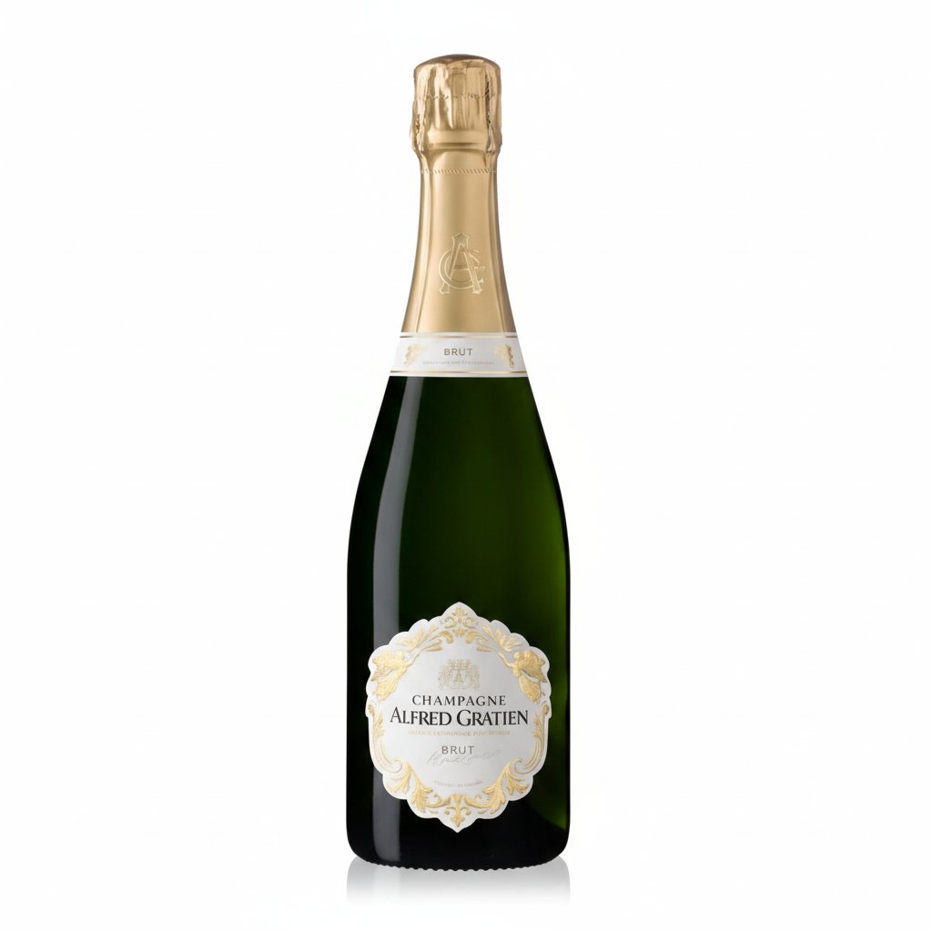 Alfred Gratien Champagne Brut Classique bottle with gold foil and elegant label, displayed on a reflective surface.