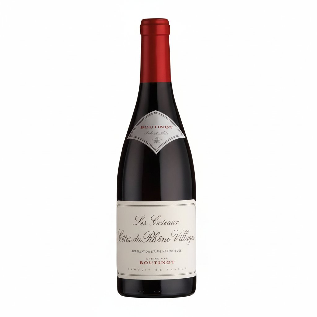 Bottle of Les Coteaux Cotes du Rhone Villages red wine from Les, with a label featuring traditional vineyard artwork.