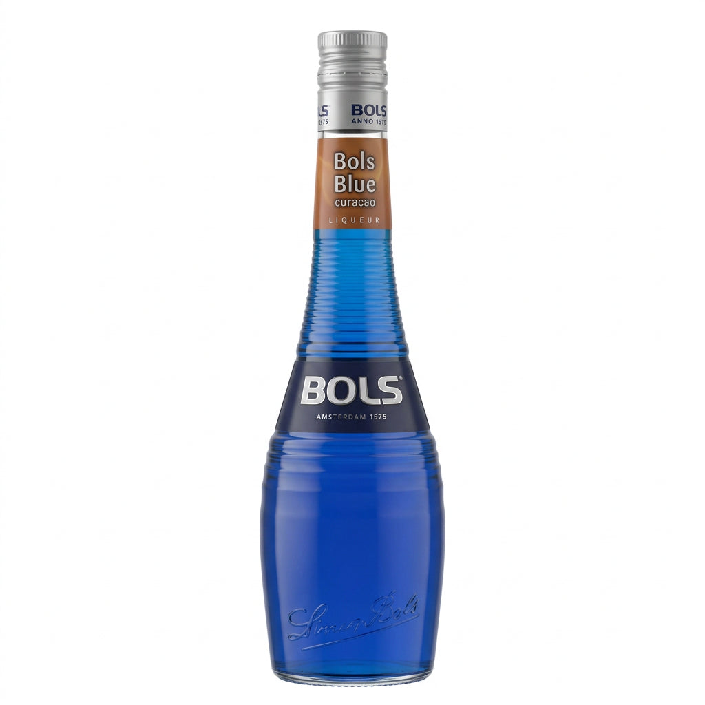 Bols Blue Curacao liqueur bottle with bright blue color and label, 700mL, on a neutral background