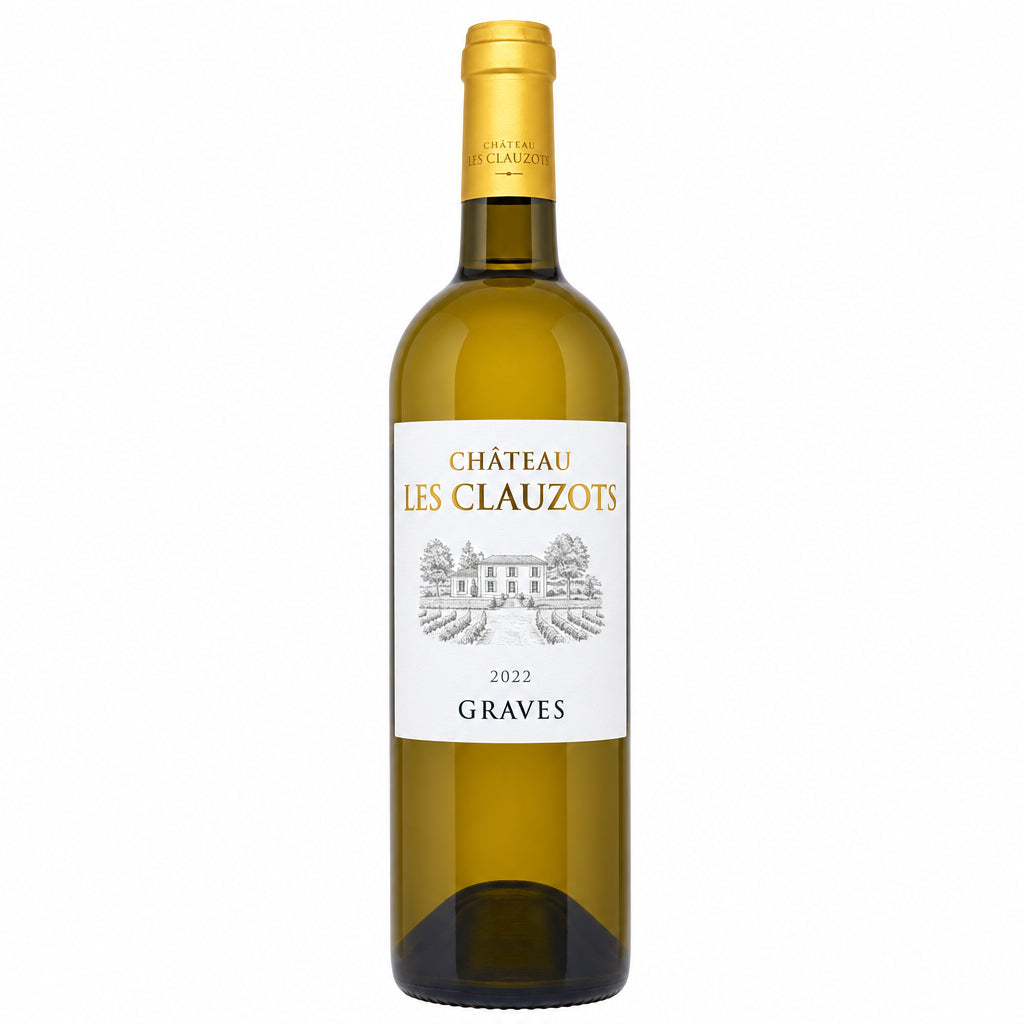 Chateau Les Clauzots Graves Blanc wine bottle with label featuring a scenic vineyard image, on a neutral background.