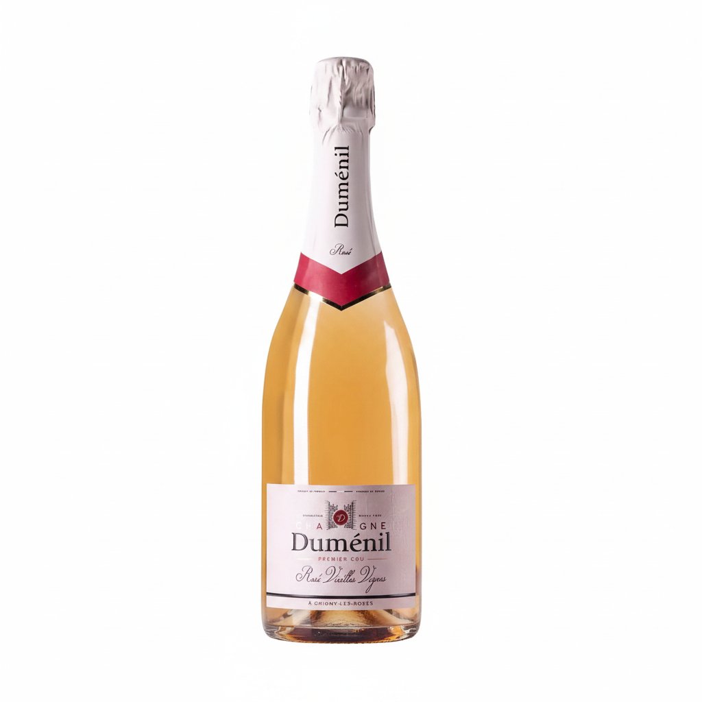 Dumenil Rose wine bottle with elegant label, featuring a pink and white design, set against a neutral background.