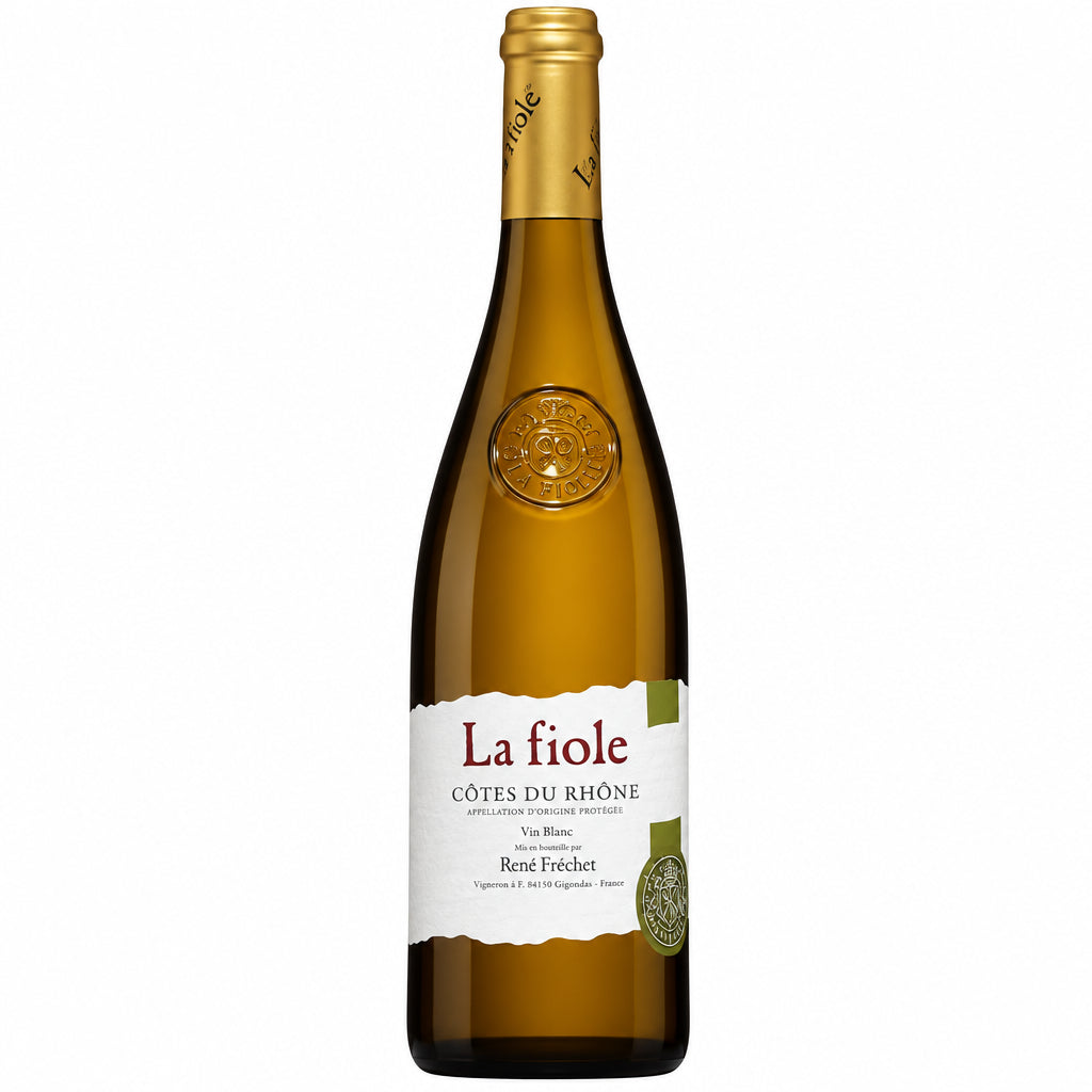 Brotte Pere Anselme La Fiole Côtes du Rhône wine bottle with label and glass of red wine beside it.