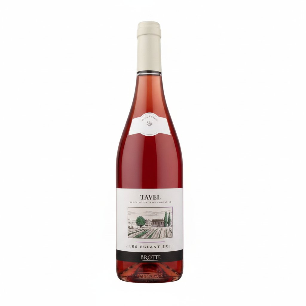Brotte Vins Tavel Les Eglantiers wine bottle with label and glass of rosé wine on a wooden table.
