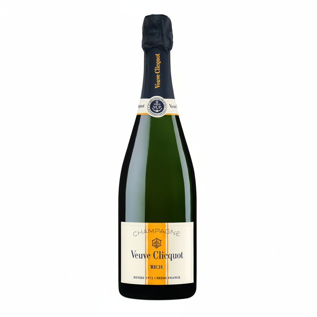 Veuve Clicquot Rich champagne bottle with yellow label and foil, displayed upright against a neutral background.