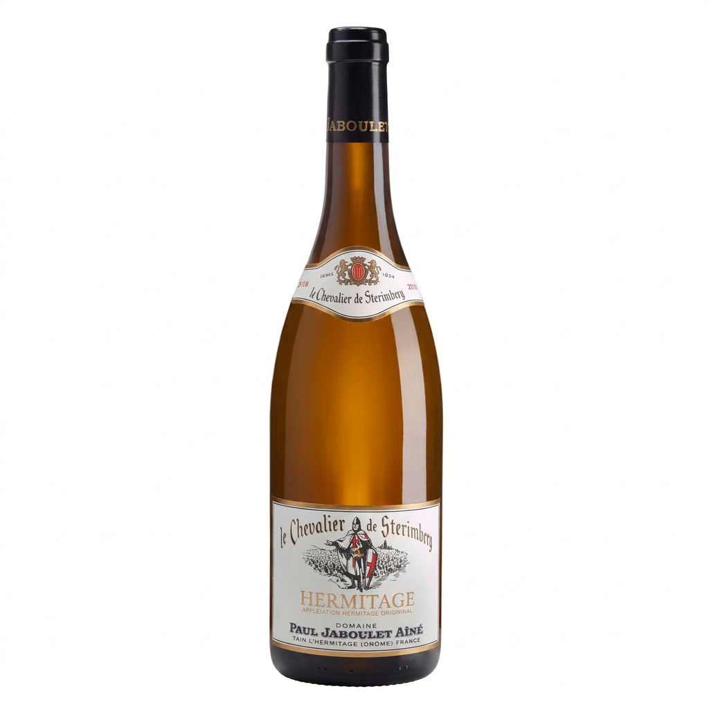 Bottle of Jaboulet Le Chevalier De Sterimberg red wine with label visible in a clear glass bottle.
