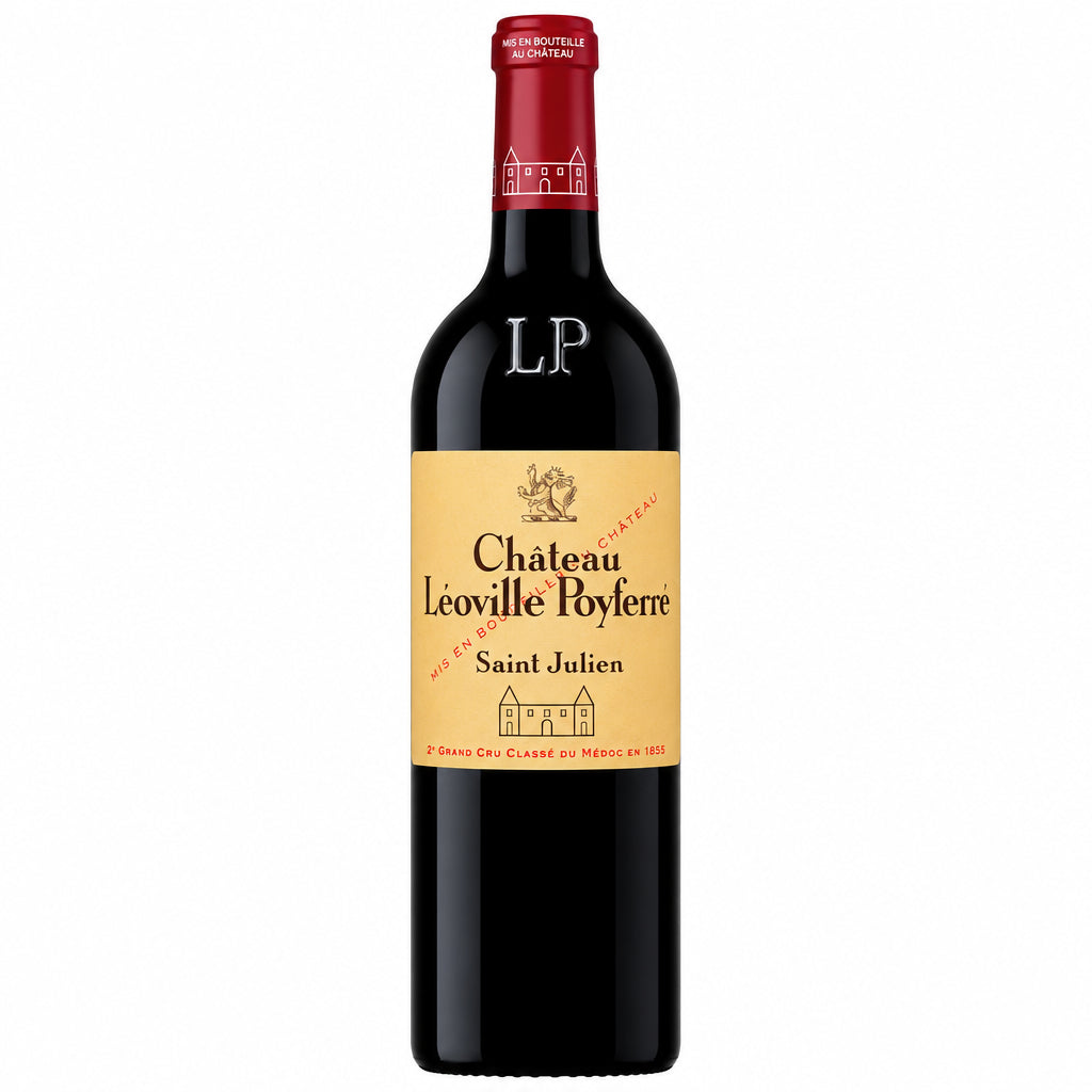 Chateau Leoville Poyferre wine bottle with label and foil capsule, positioned upright on a neutral background.
