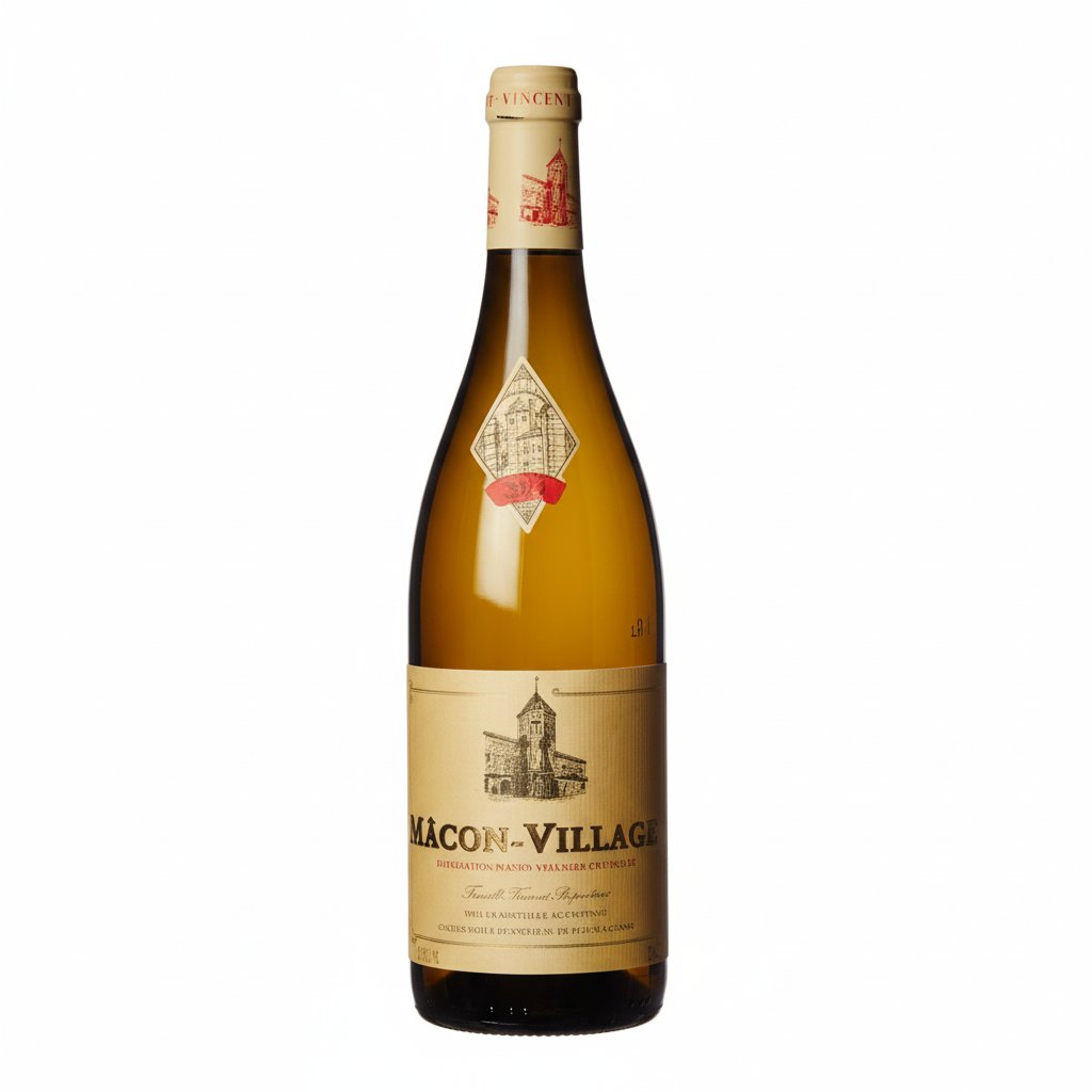 Chateau Fuisse Macon Villages white wine bottle with elegant label, surrounded by grapes and vineyard scenery.