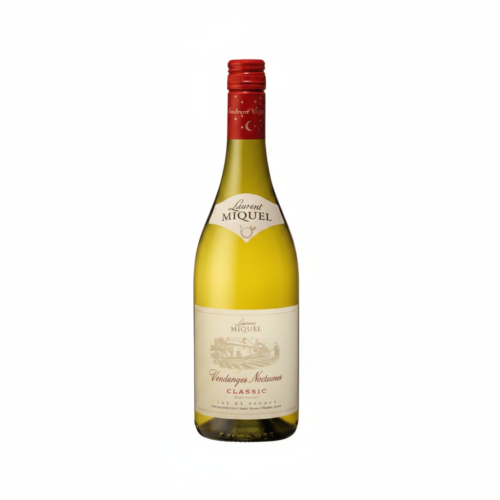 Laurent Miquel Vendanges Nocturnes Blanc wine bottle with label featuring a nighttime vineyard scene.