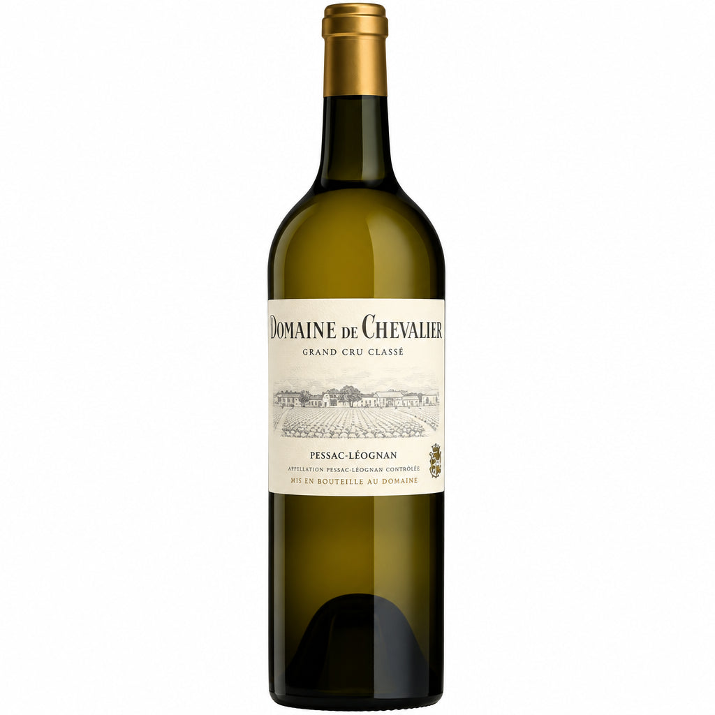 A bottle of Domaine de Chevalier Blanc 2019 white wine with a white label and elegant glass presentation.