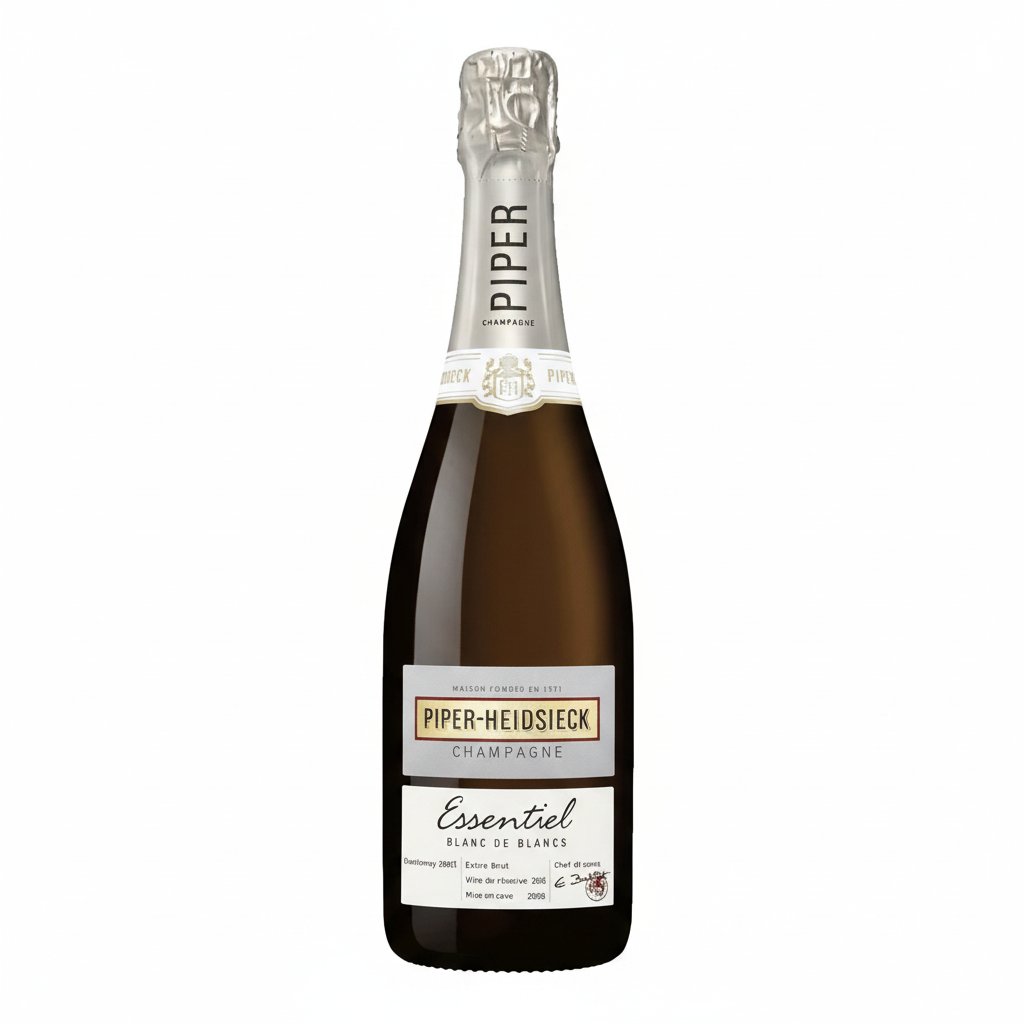 Piper Heidsieck Essentiel Blanc de Blanc champagne bottle with elegant label, showcased against a neutral background.