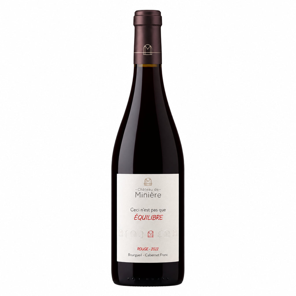 Chateau de Miniere Equilibre Cabernet Franc wine bottle with label, showcasing elegant design and deep red color.