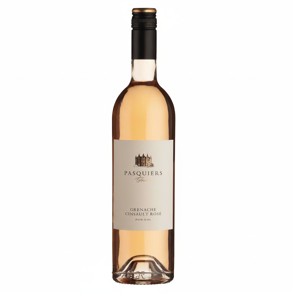 Boutinot Pasquiers Grenache Cinsault Rosé wine bottle with pink label and clear glass showing the pale pink wine inside.
