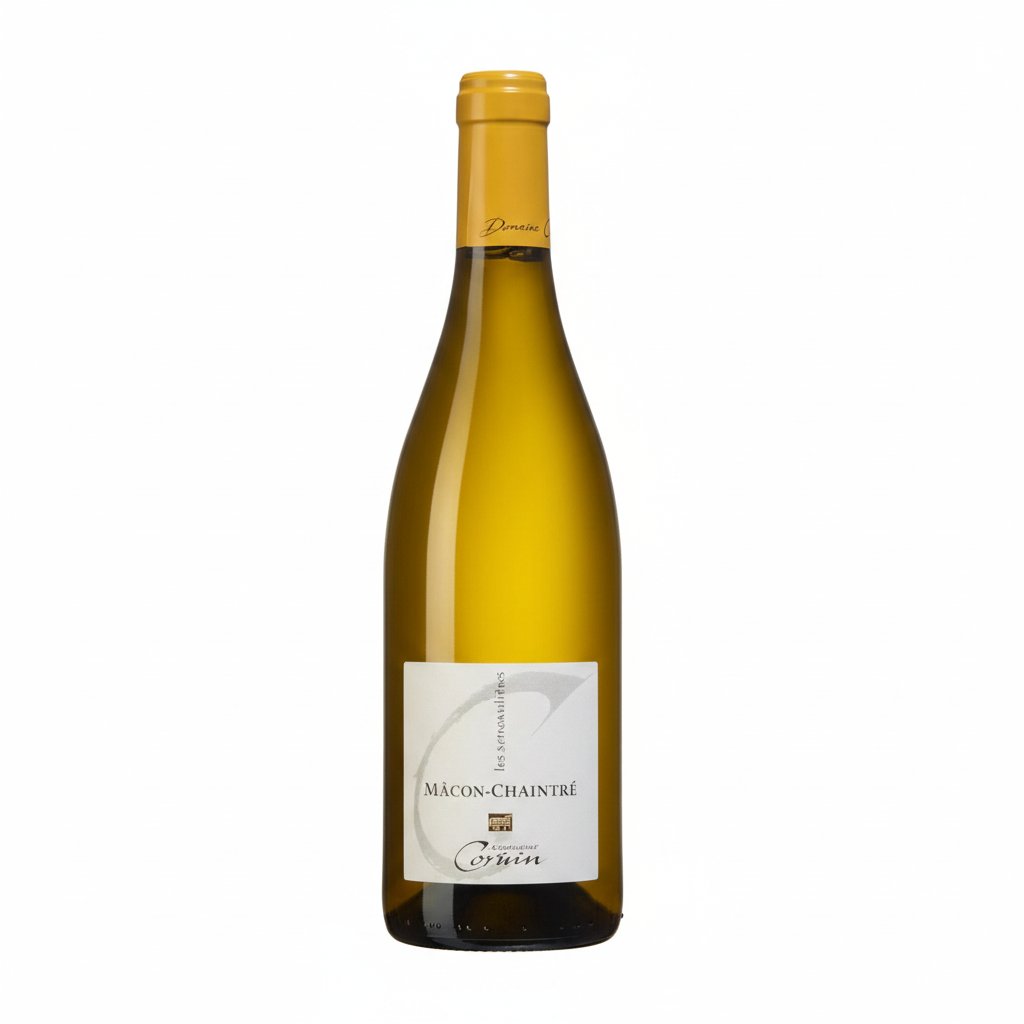Macon Chaintre W wine bottle with label visible, placed on a wooden surface with a blurred background.