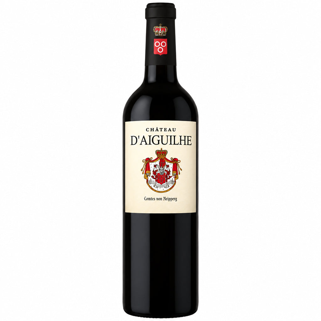 Chateau Chateau d'aiguilhe wine bottle with label featuring elegant design and classic branding, standing upright on a neutral surface.
