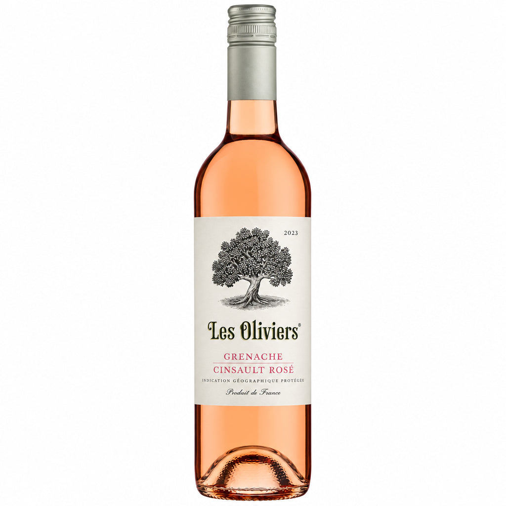 Les Les Oliviers Grenache Cinsault Rose wine bottle, showcasing a pink rosé with elegant label and vibrant wine color.