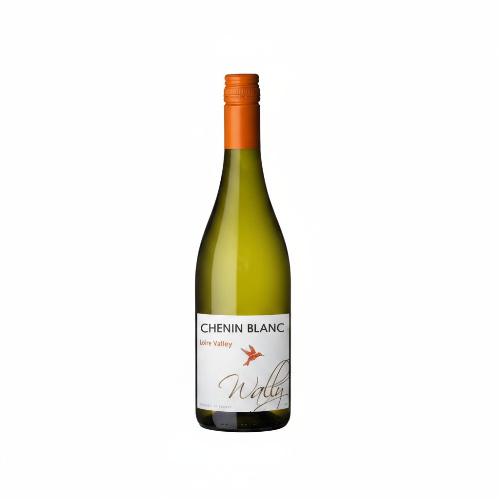 Wally Sauvignon Blanc wine bottle with label featuring green and white design, placed on a wooden surface.
