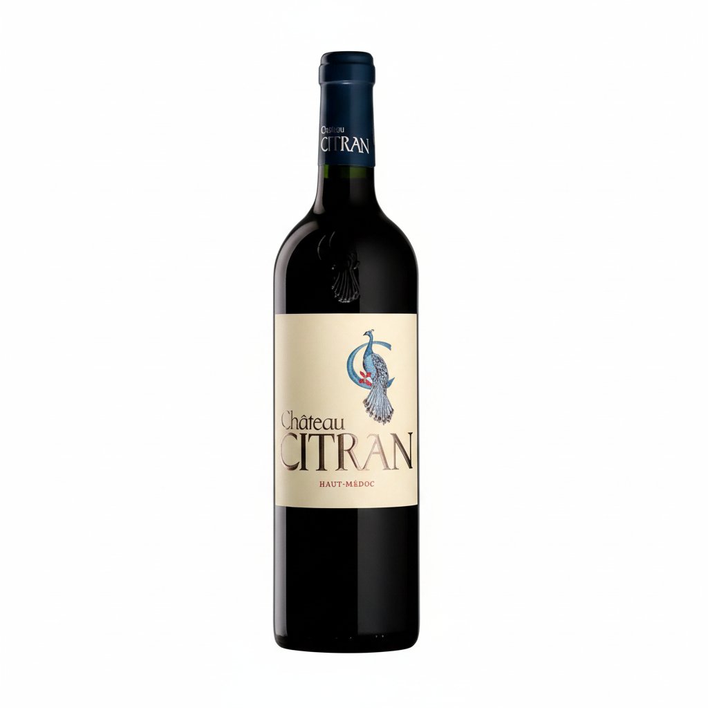 Chateau Citran red wine bottle with label, showcased against a neutral background.