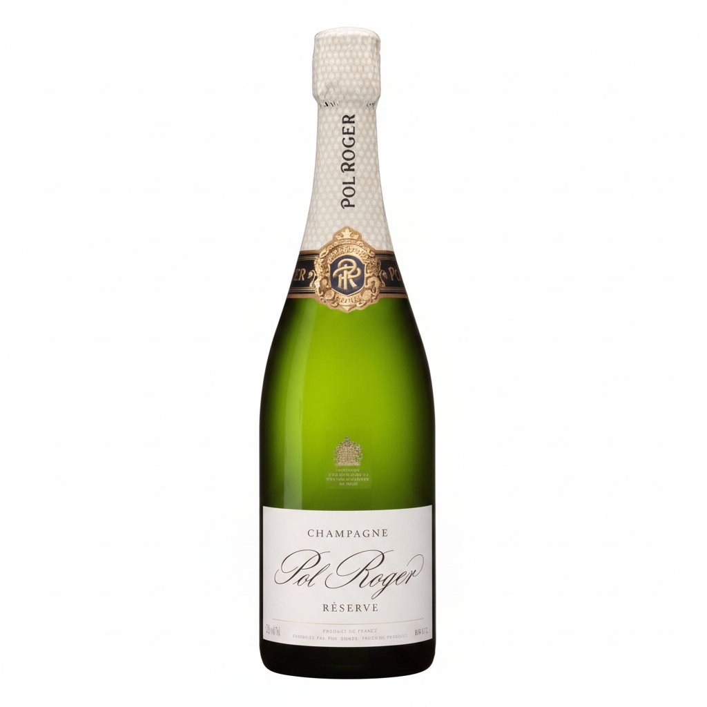 Pol Roger Brut Reserve white foil champagne bottle, 1.5L size, with elegant label and foil wrapping, on a neutral background.