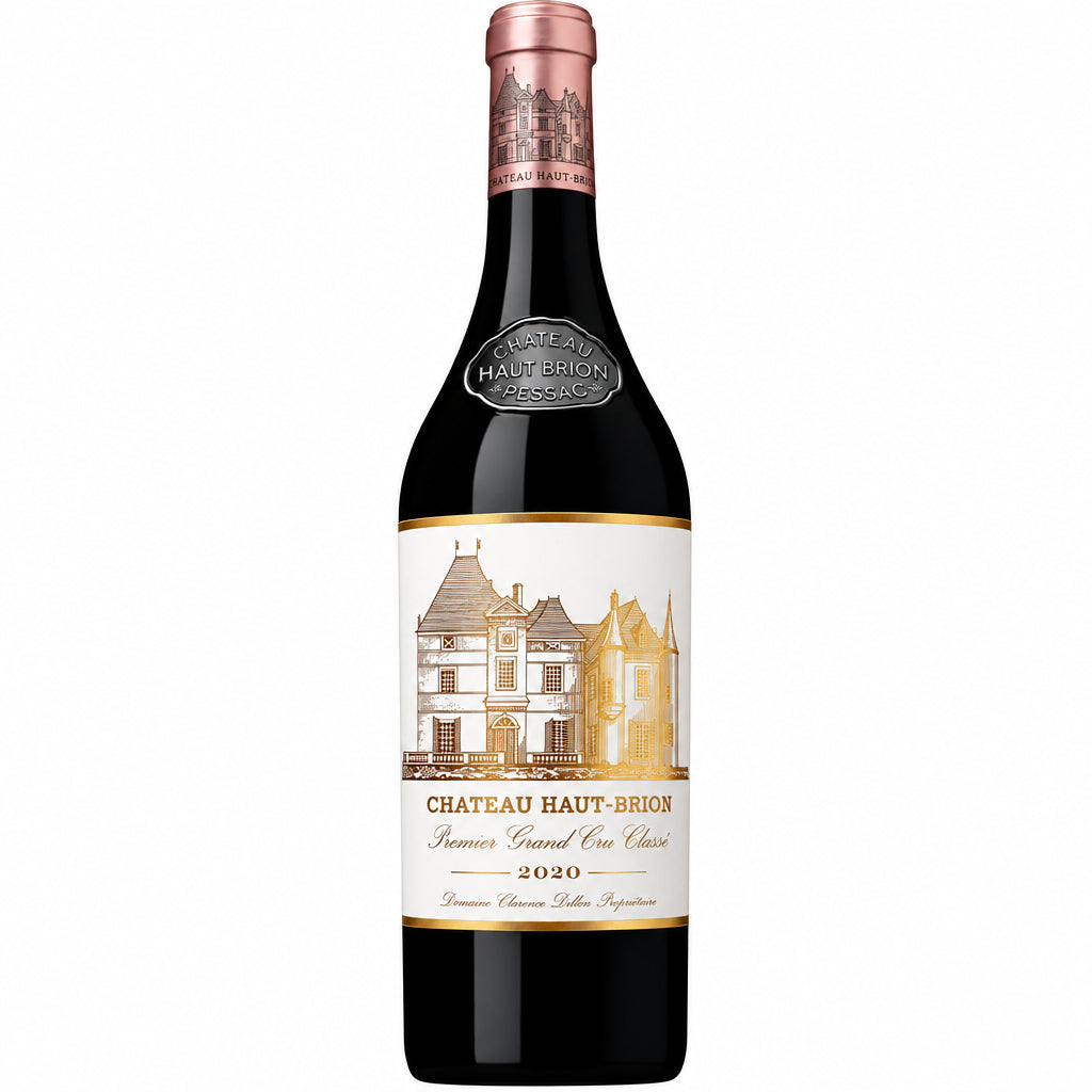 Bottle of Chateau Haut-Brion 2020 red wine with label visible, showcasing elegant packaging and rich dark color of the wine.