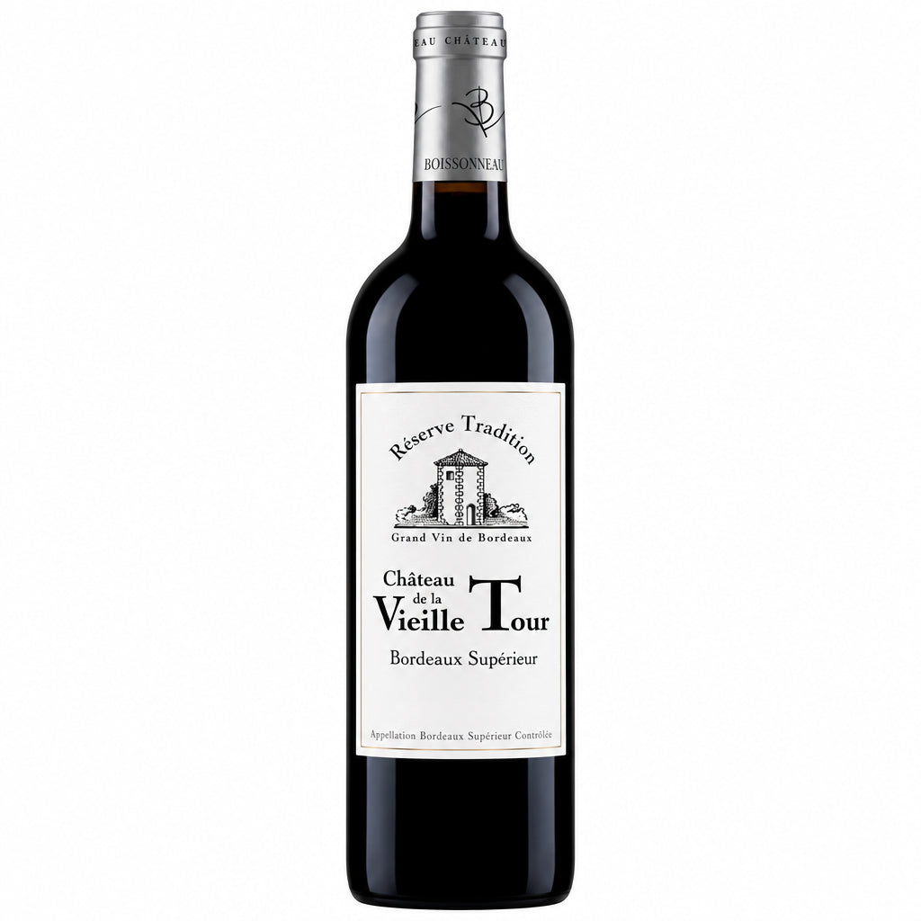 Bottle of Chateau De La Vielle Tour Reserve Tradition 2020 red wine with a dark label and cork in a wooden wine box.
