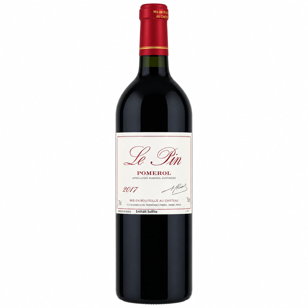Bottle of Le Pin 2017 red wine with label visible, showcasing a premium French wine from the Bordeaux region.