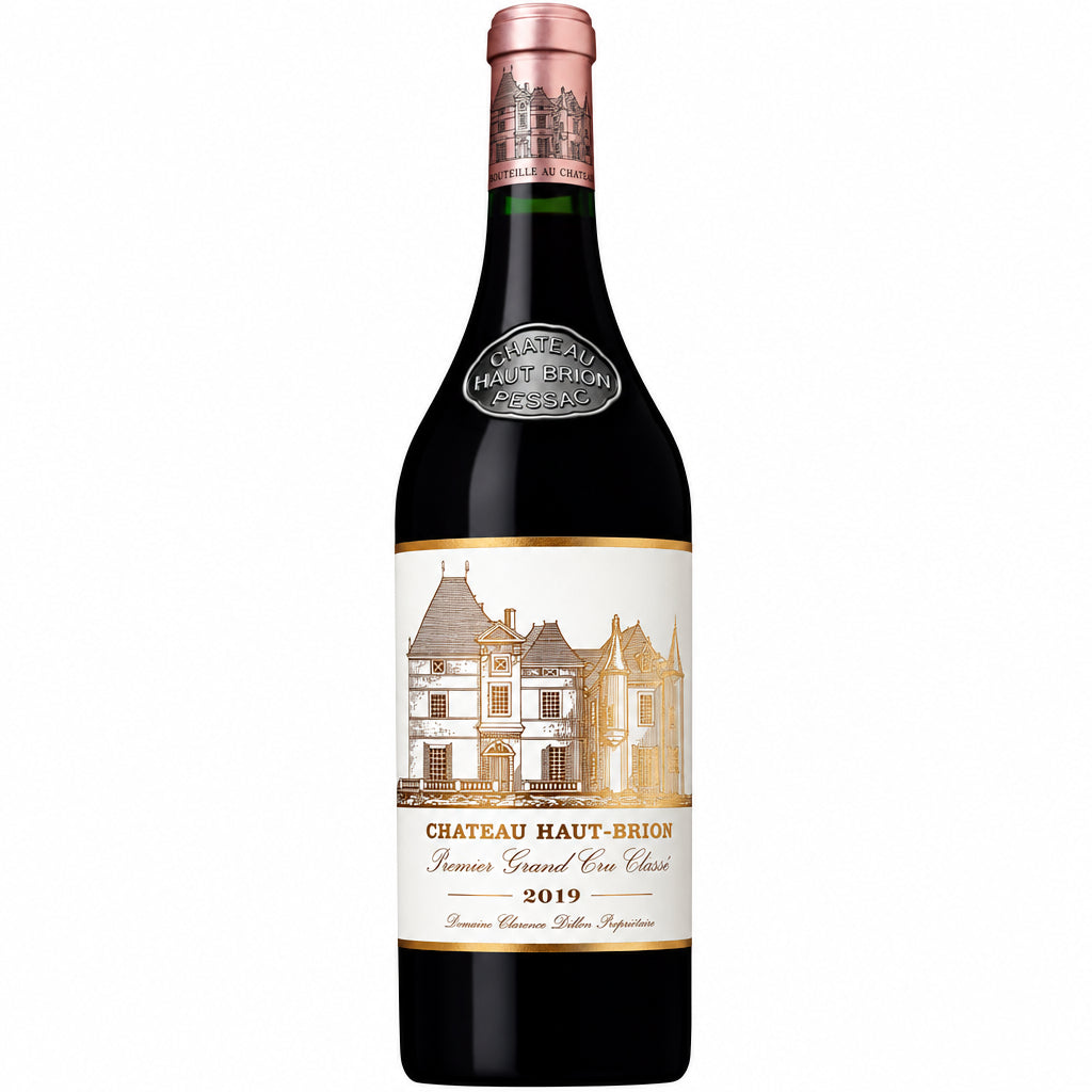 Bottle of Chateau Haut-Brion 2019 red wine with label visible, placed on a wooden surface against a neutral background.