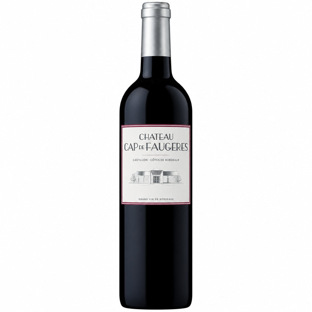 Chateau Cap De Faugeres Bordeaux wine bottle with deep red label and cork, showcasing a premium red wine from Bordeaux region.
