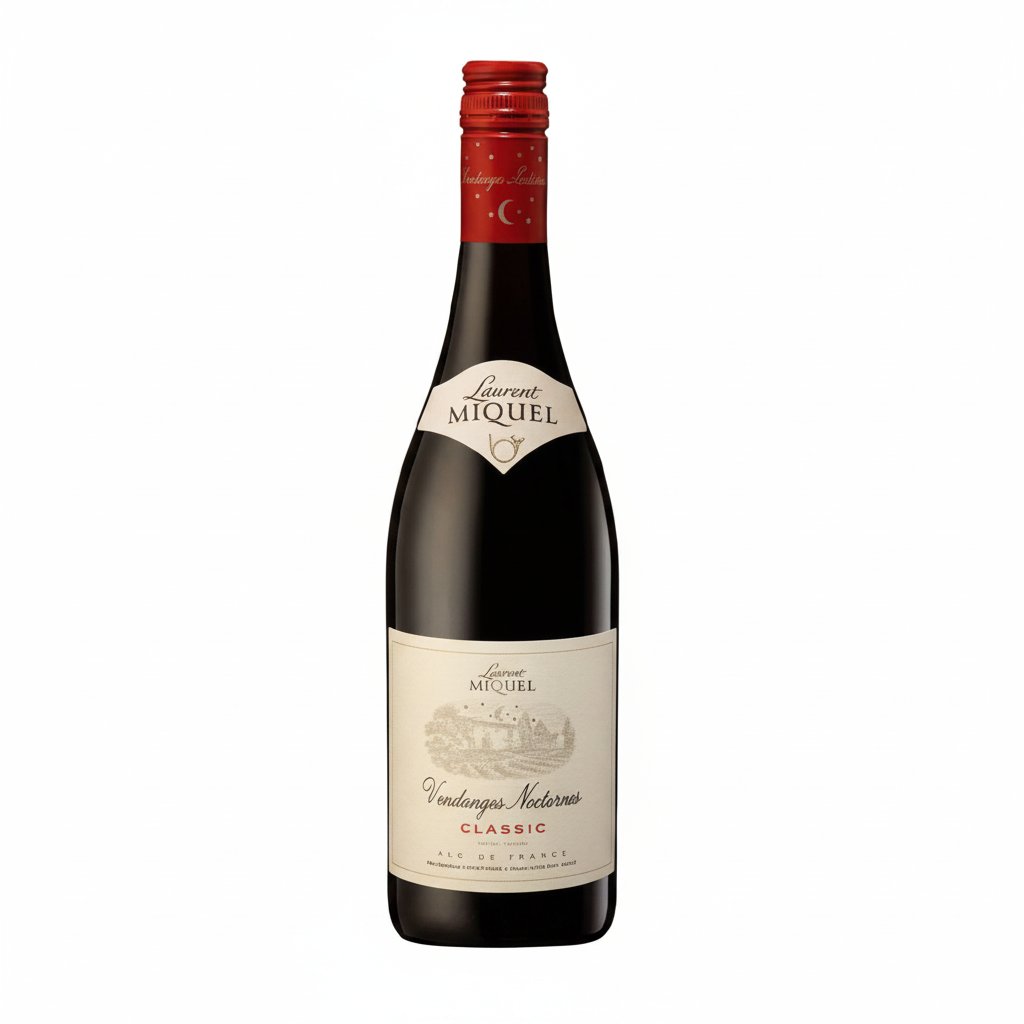 Laurent Miquel Vendanges Nocturnes Rouge wine bottle with dark red label and cork, showcasing a deep red color and elegant design.