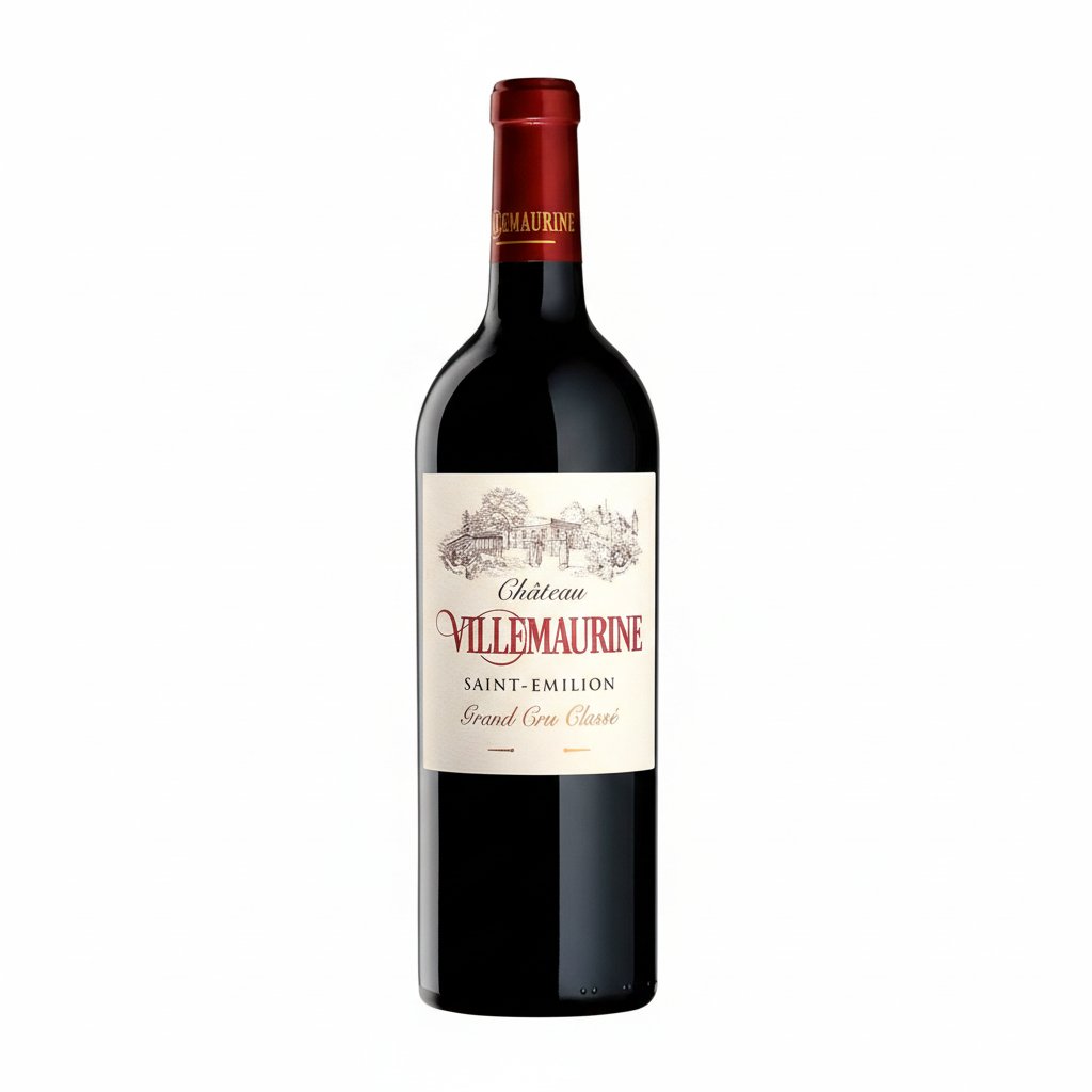 Bottle of Chateau Villemaurine Grand Cru Classe 2016 red wine with label visible and cork partially removed.