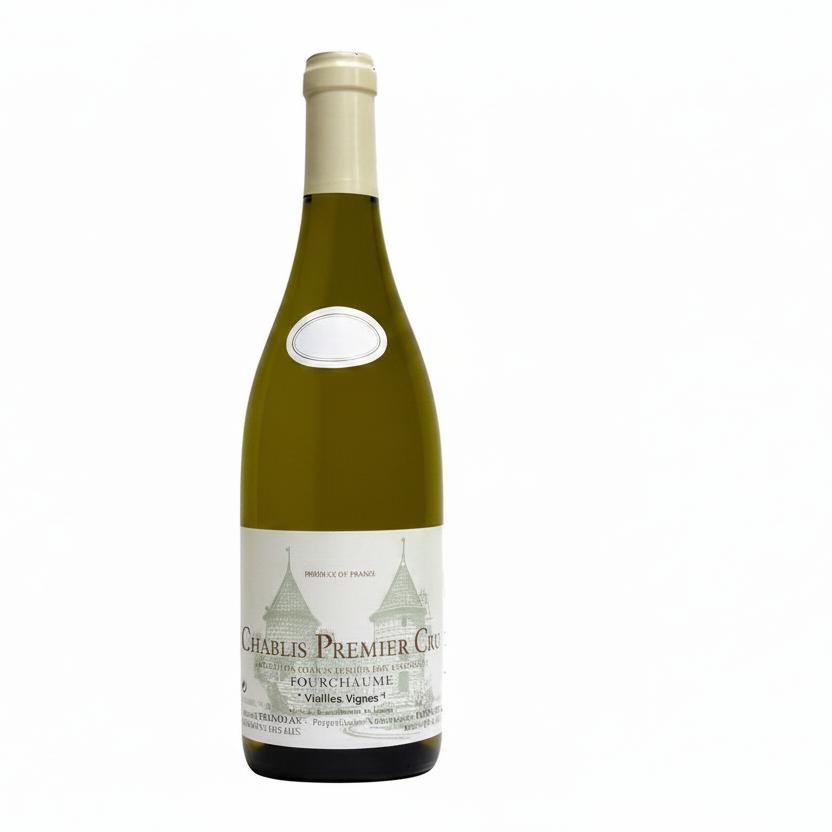 Bottle of Chablis 1er Cru Fourchaume Vieilles Vignes wine with label visible, set against a neutral background.