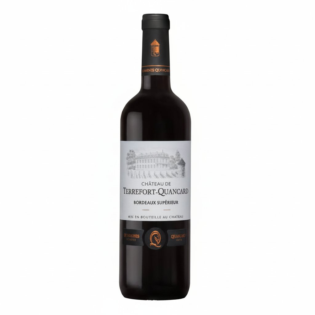 Chateau Chateau De Terrefort-Quancard wine bottle with label, elegant glass, and cork in a close-up shot.