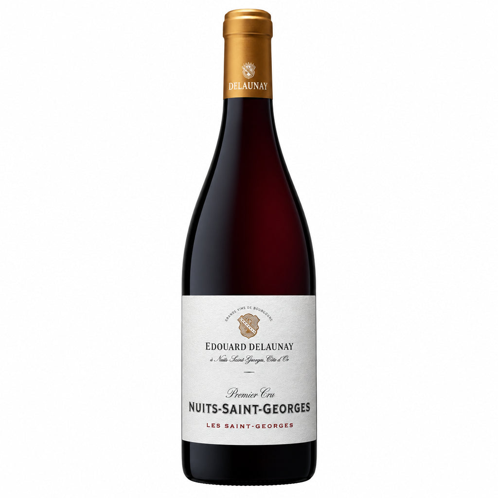 Bottle of Edouard Delaunay Nuits-Saint-Georges Le Village Vieilles Vignes 2022 red wine with label visible and elegant glass.