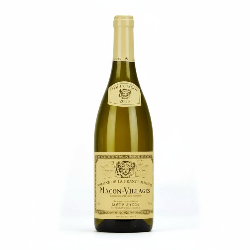 Louis Jadot Macon Villages Grange Magnie Blanc wine in a glass, showcasing its pale yellow color and clear appearance.