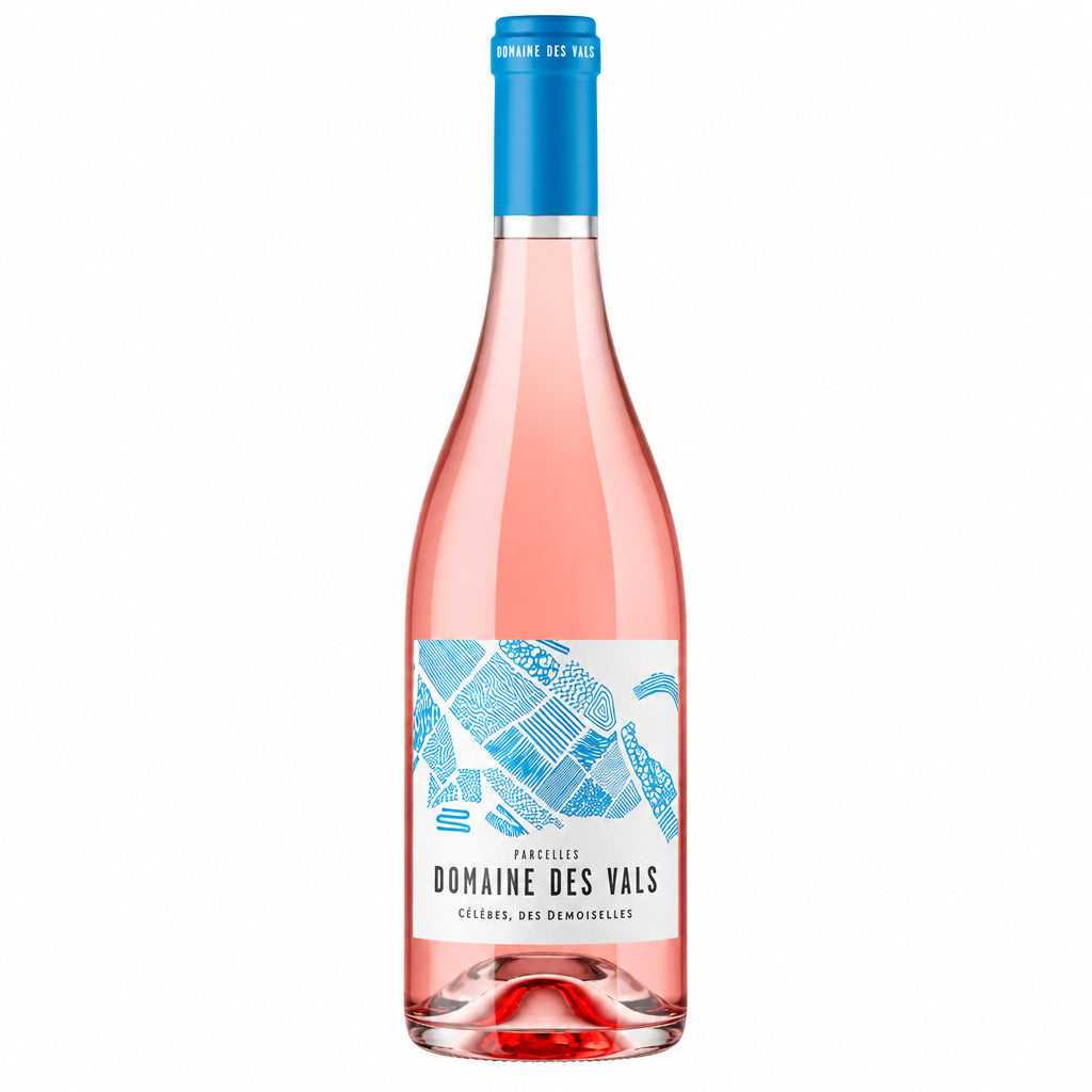 Domaine Des Vals Rosé wine bottle with pink hue and label, displayed upright on a neutral background.