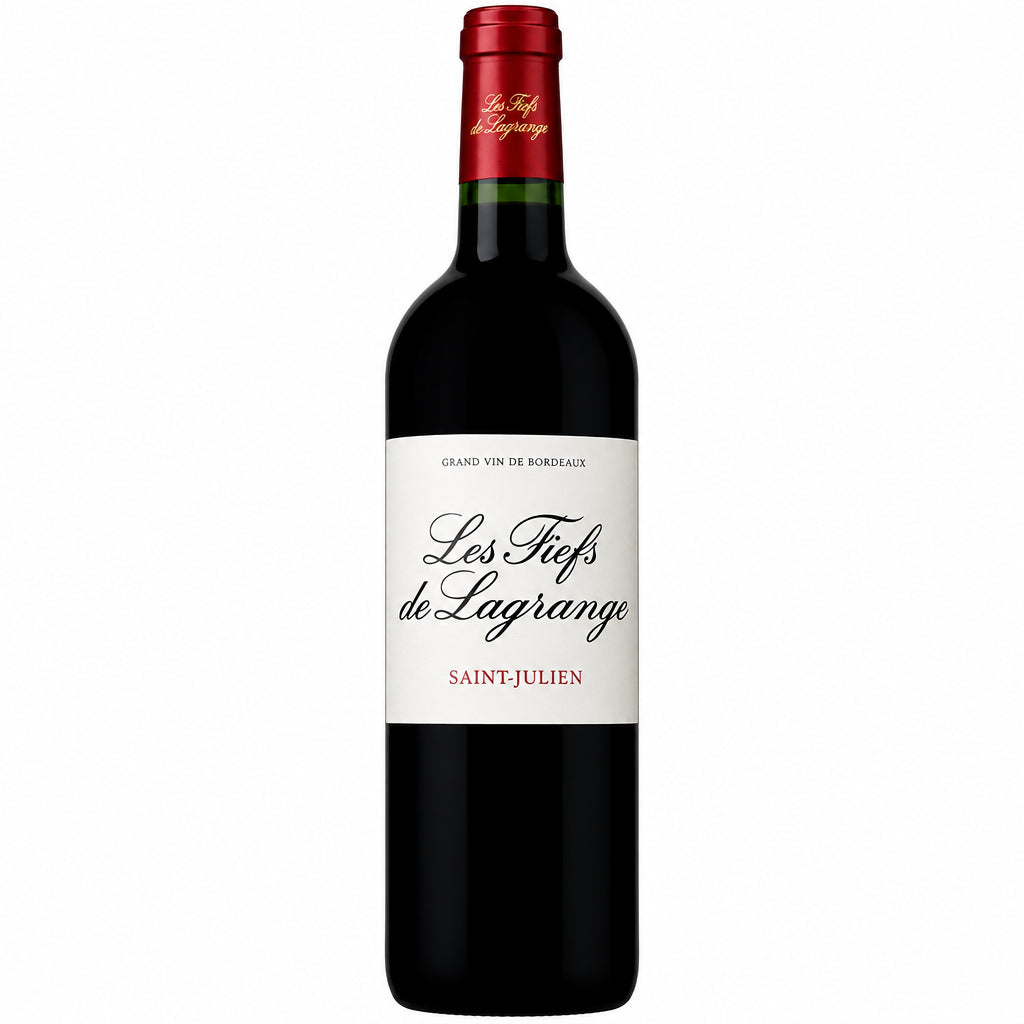 Chateau Lagrange Les Fiefs de Lagrange red wine bottle with label, elegant glass and cork on a neutral background