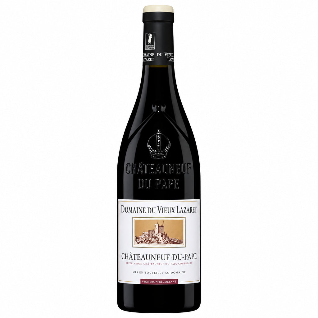 Bottle of Domaine Du Vieux Lazaret Chateauneuf-du-Pape Rouge wine showing the label and dark glass bottle.