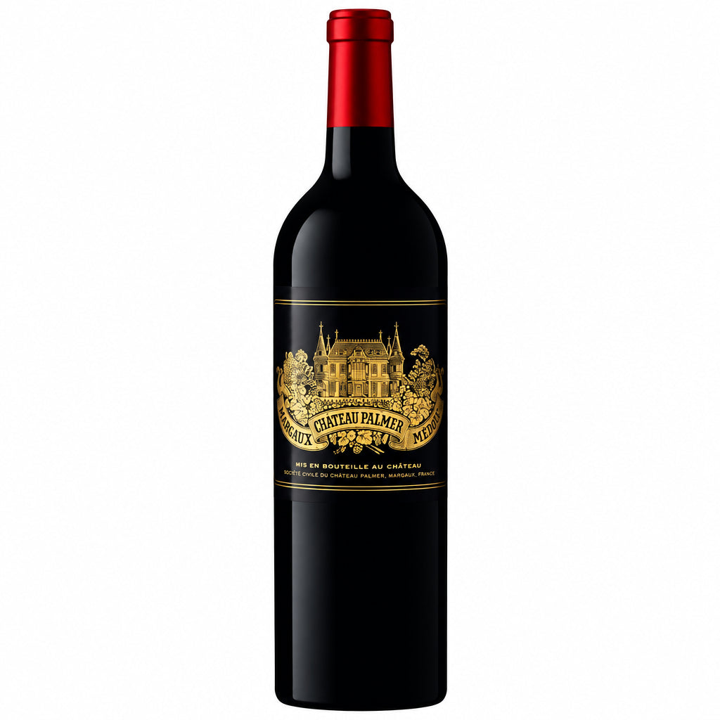 Chateau Palmer 2014 wine bottle with label visible, showcasing a premium red Bordeaux wine in a glass with a dark background.