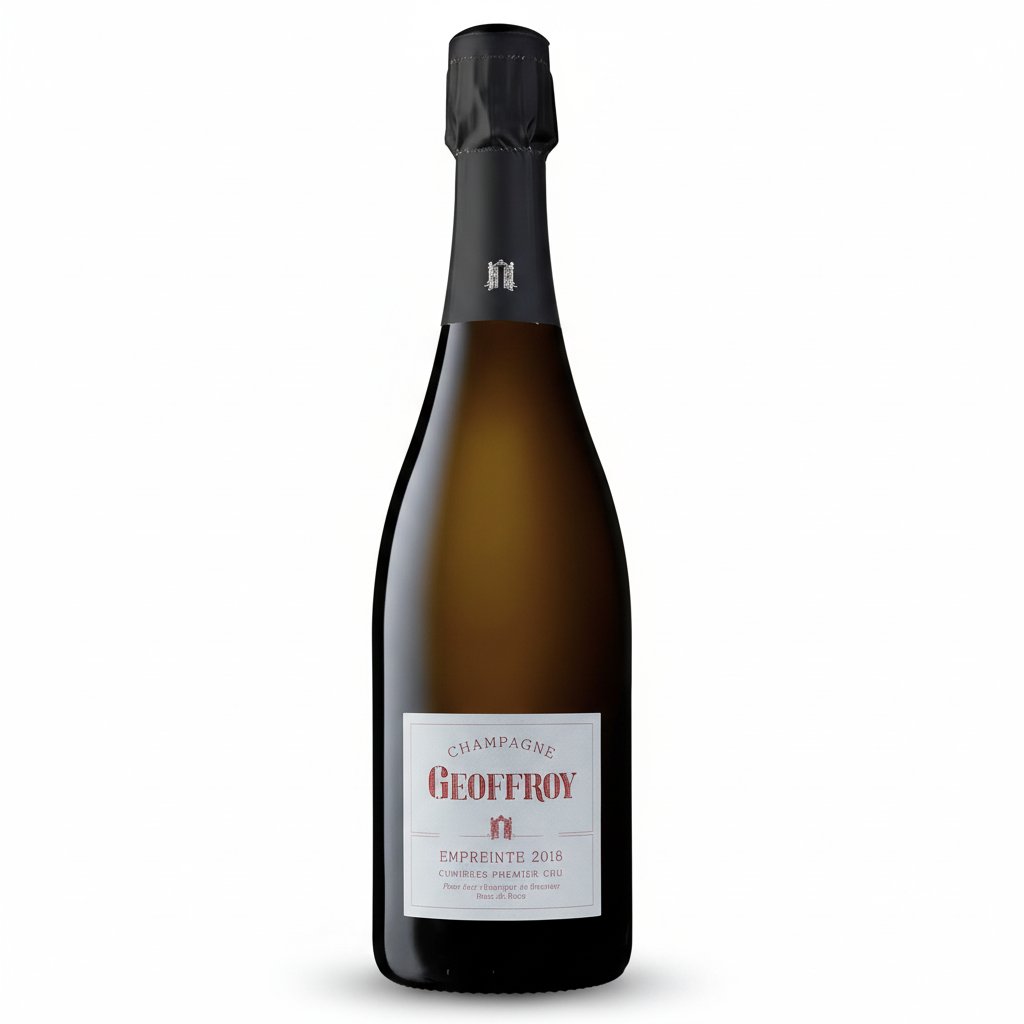 Bottle of Champagne Rene Geoffroy Empreinte with a gold foil and elegant label, standing upright on a reflective surface.