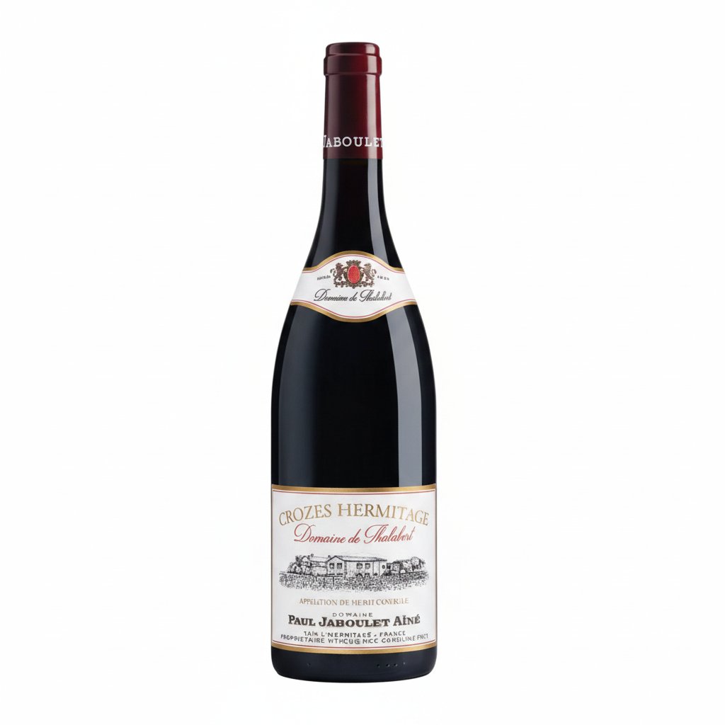 Bottle of Domaine Paul Jaboulet Aine Crozes-Hermitage Domaine de Thalabert red wine with label visible on a wooden surface.